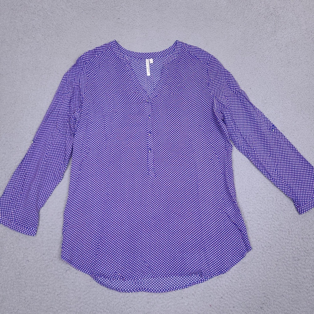 Grand & Greene Blouse Women's Medium Blue‎ Ball Button Roll Tab Sleeve Top Rayon